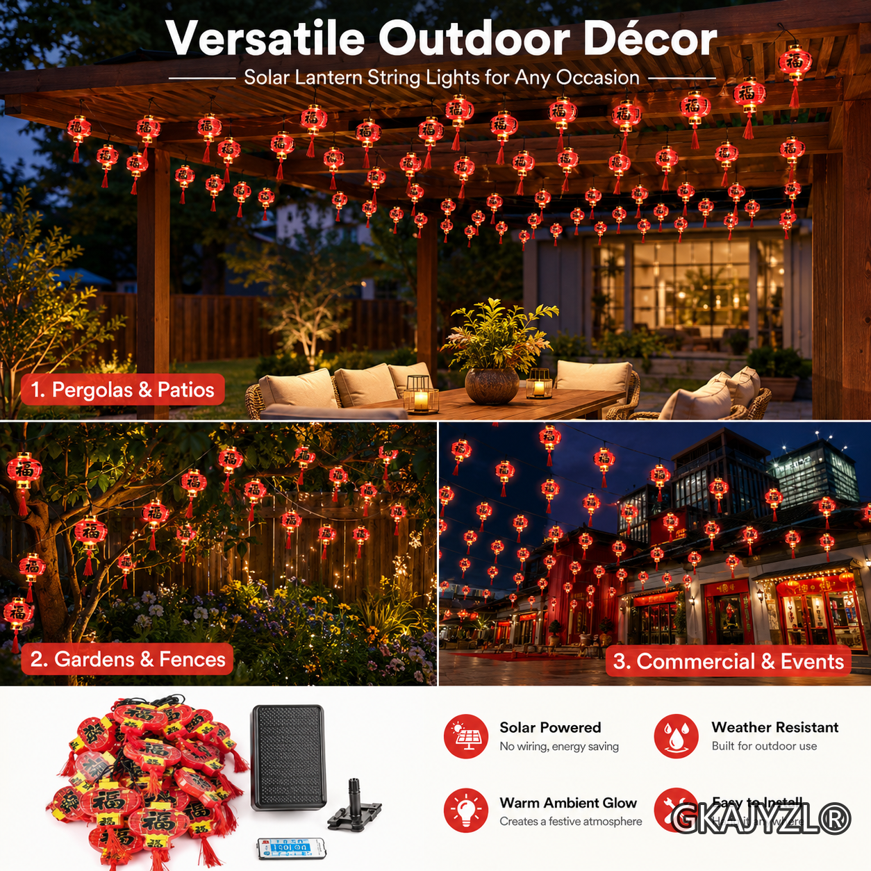 GKAJYZL(Lucky brand) Solar Lucky Red Lantern String Lights — view 2