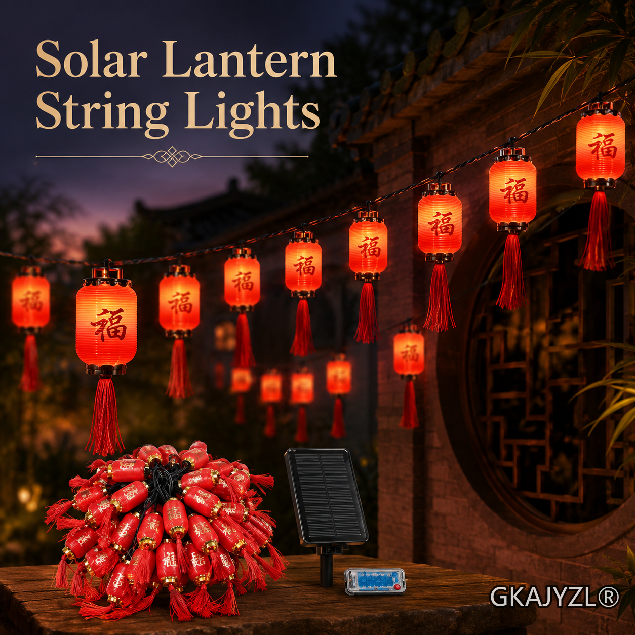 GKAJYZL(Large round style) Solar Large Red Lantern String Lights
