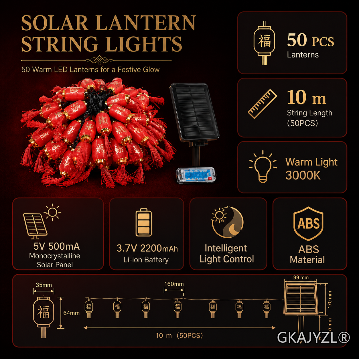 GKAJYZL(Large round style) Solar Large Red Lantern String Lights — view 3