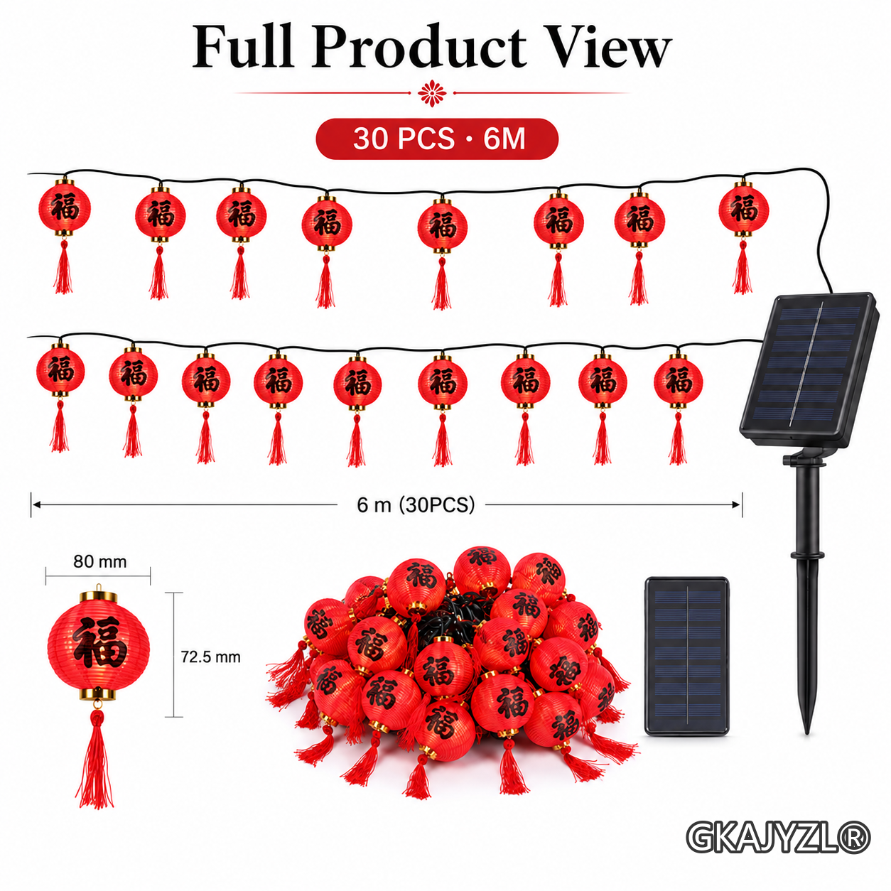 GKAJYZL(Large round style) Solar Red Lantern String Lights — view 2