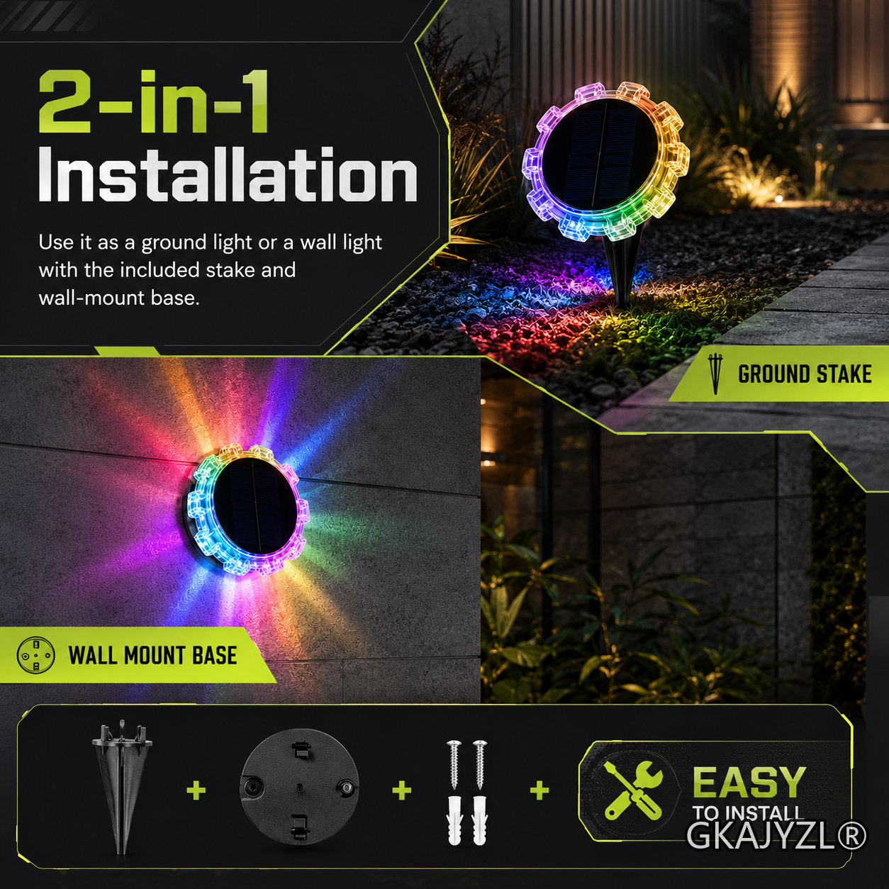 GKAJYZL-L188 (RGB) Solar RGB Gear Ground Wall Light — view 3