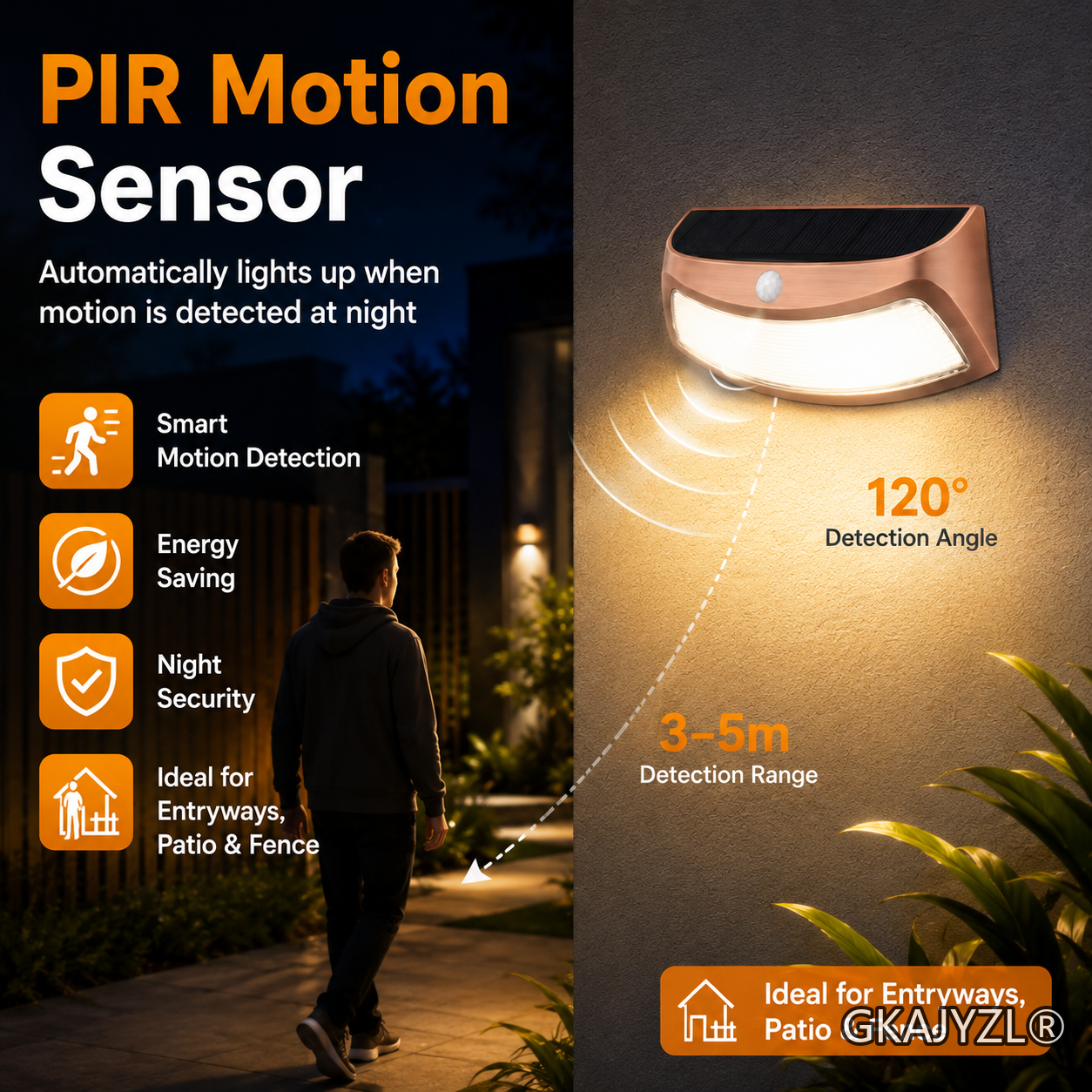 GKAJYZL-PIR-3688 (Copper Motion sensor) Solar Motion Sensor Wall Light, Outdoor Decorative Security Wall Lamp — view 3