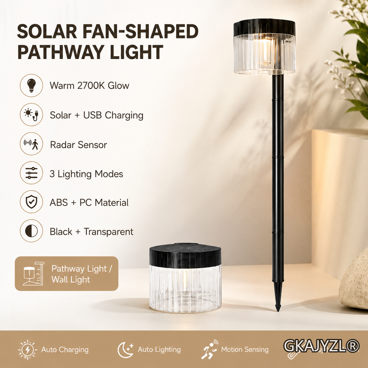 GKAJYZL189 (Radar) Solar Pathway & Wall Light, Radar Sensor Outdoor Garden Light — view 2