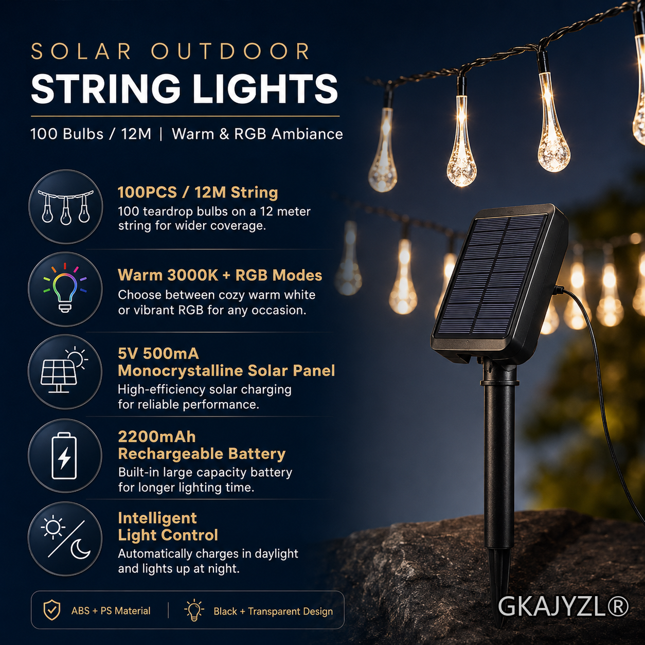 Solar Teardrop String Lights, Outdoor Decorative Patio Lights with Remote Control — view 3