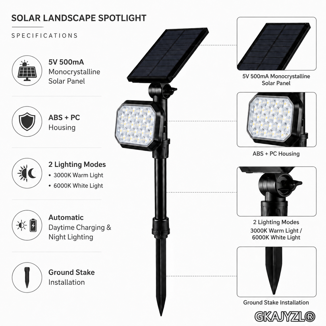 GKAJYZL1316-22LED Solar Landscape Spot Light, Outdoor Garden Spotlight with Adjustable Head — view 2