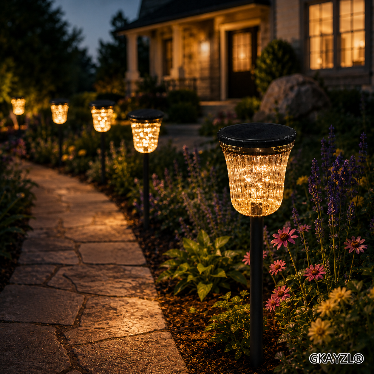 GKAJYZL701 (Light chains style) Outdoor Solar Flower Basket Path Lights, Decorative Garden Lights
