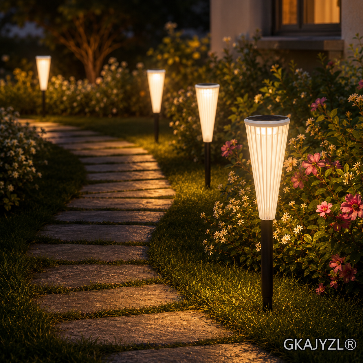 GKAJYZL129-WH Solar Pathway Lights, Outdoor Garden Lights with Warm and White Modes