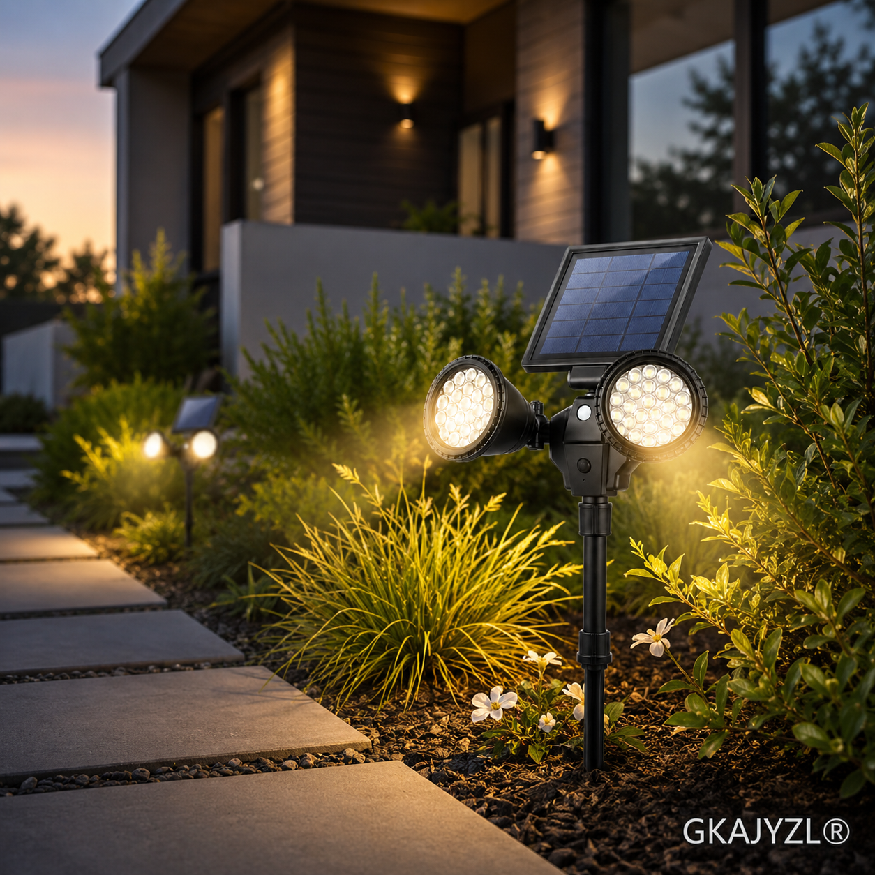 GKAJYZL016 Solar Motion Sensor Spot Light, Dual Head Outdoor Landscape Light