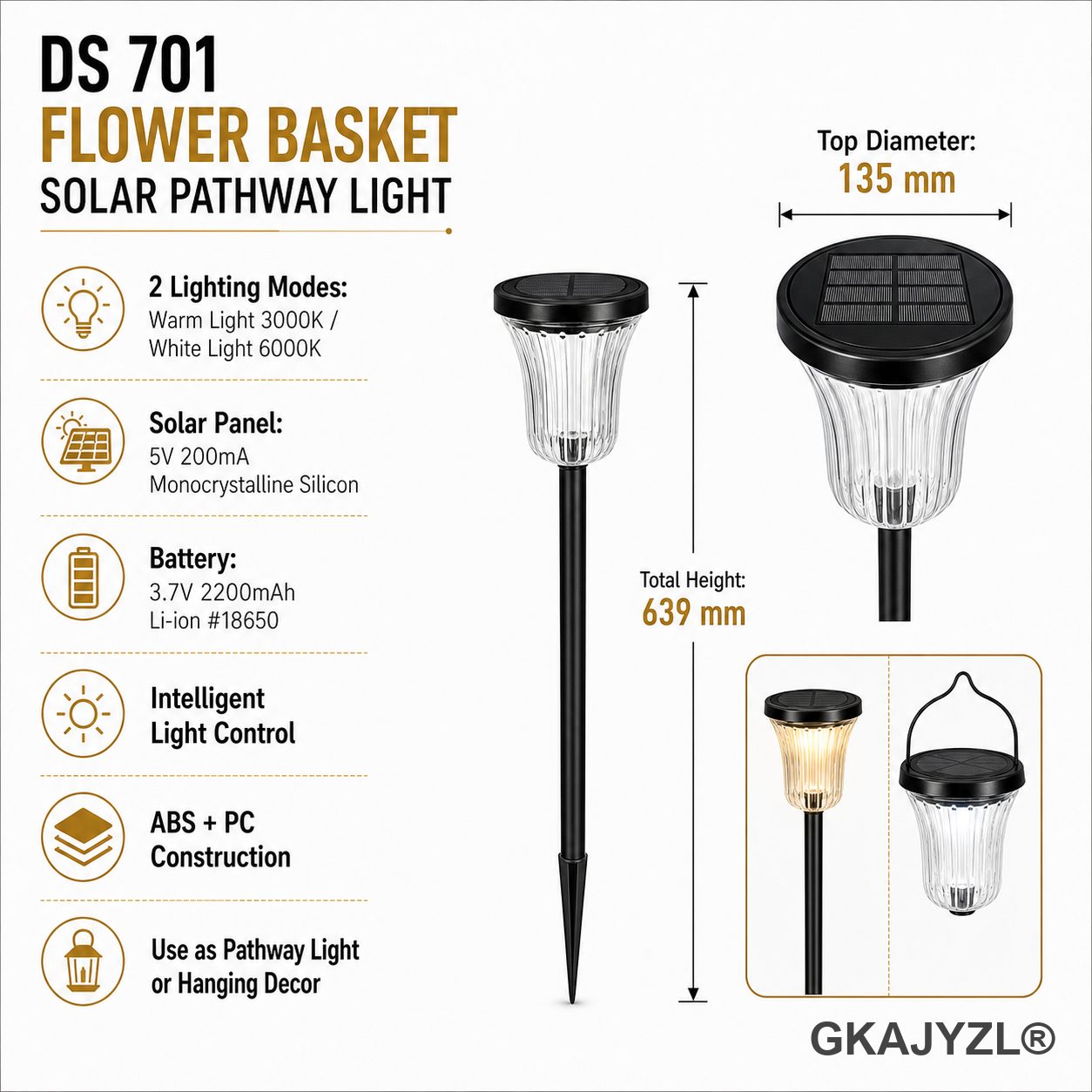 DS701-3 Outdoor Solar Flower Basket Lights, Fairy Glow Garden Path Lights — view 3